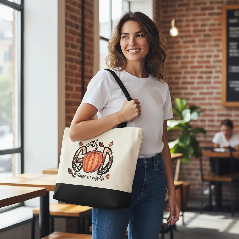 “With God All Things Are Possible” / Fall Canvas Tote Bag - Fall/Autumn Design